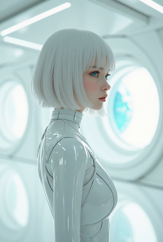 A woman with a light blue bob haircut and wearing a tight all-white battle suit.
(photorealistic, 64k, ultrarealistic, Unreal Engine 5)