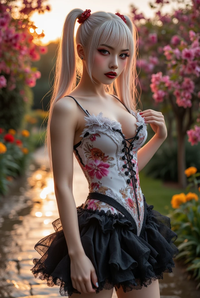 (nsfw), sexy stylish Swedish model, only 1 female, ((doll-like appearance)), short neon pink stylish hair, ((shiny Victorian-Style boots)), (big smile), ultra detailed eyes, vivid eye makeup, lipgloss, long lashes, defined eyebrows, ((sexy Paradise Kiss cosplay)), bell-shaped skirt, petticoats, high neckline, puffed sleeves, ((ultra detailed lace)), ((ultra detailed embroidery)), intricate details, Paradise Kiss accessoires and matching headpiece, choker, ((large sparkling Paradise Kiss jewelry)), cinematic light, detailed large park background with trees
