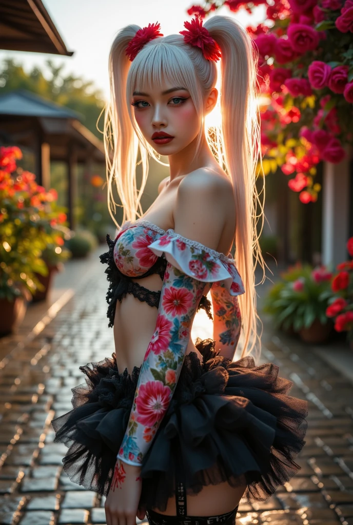  [Style: "masterpiece, realistic (Photorealistic realism), Hyper high resolution, (ultra quality, intricately detailed digital art), focus on extremely Realistic Proportion Body"] (Key Directive: "Prioritize anatomical accuracy and material textures") "Portrait of {a woman with, wearing a dress, standing in a garden | ultra realistic texture details: velvety skin, hair}" {Character: "20-year-old white woman, ((full and firm breas:1.22))" | Face: "symmetrical, pale skin, full lips" | Eyes: "((sharp focus, no blurry eyes, Hyper absurd quality, Hyper details, Hyper realistic blue eyes:1.2))" - "((extra narrow eyebrows))" - "(Carefully draw Long blue_mascara:1.2)" - "(perfect round eyes)" | Makeup: "detailed lips:1.3, (apply glossy red_lipstick:1.25)" | Hair: "white with pigtails, (red bangs), (setting light reflections: 0.5)" | Pose: "dynamic side position" | Outfit: [Top: - "White Dress made of (clothes made of silk and flower, lace fishnet, tight fitting dresses:1.25)] [Bottom: "Ruffled Black Gothic Punk Skirt (lace with fishnets, white lace-up:1.25)]" - "Ultra intricate detailed ((she is the embodiment of beauty and allure, Dressed in a breathtaking and sophisticated floral bodysuit, elegant and sophisticated fashion:1.3)) | Environment: "garden street at sunset (((rain-slick cobblestones), colorful flowers, cherry blossoms))" | (Post-production: "chromatic aberration: 0.7") (Rendering engine: "Unreal Engine 5 path tracing, 16K texture maps"). The ultra-Highres,Unreal 5,Subsurface scattering,PBR Texturing,Post-Processing,Anisotropic Filtering,depth of fields,Maximum Sharpness and Sharpness,multi-layered texture,Albedo and Specular maps,Surface Shading,Precise simulation of light-material interactions,perfectly proportions,Octane rendering,Two-tone illumination,Wide Aperture, low ISO, white balance, The rule of thirds }