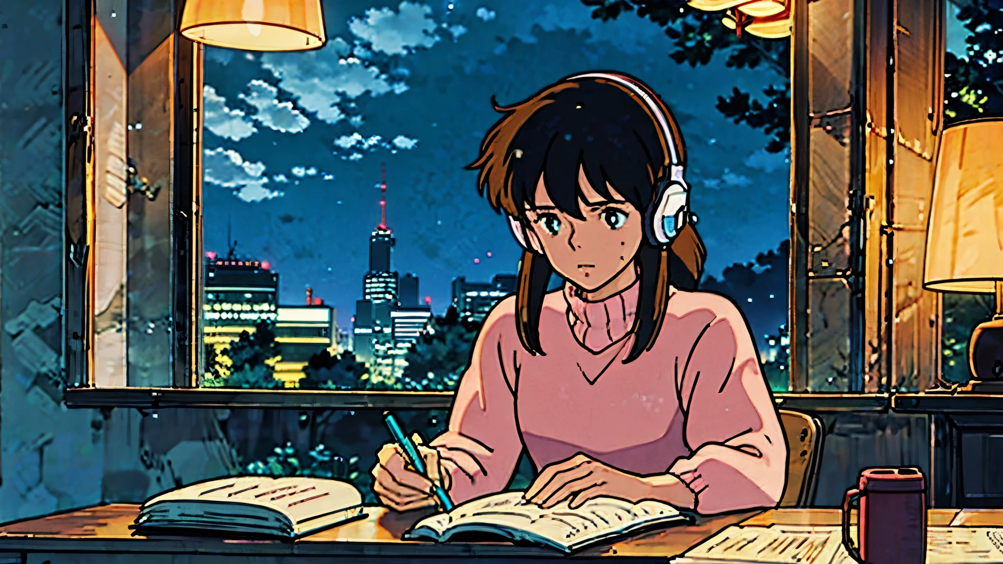 girl with headphones, studying, room, night neon lights
