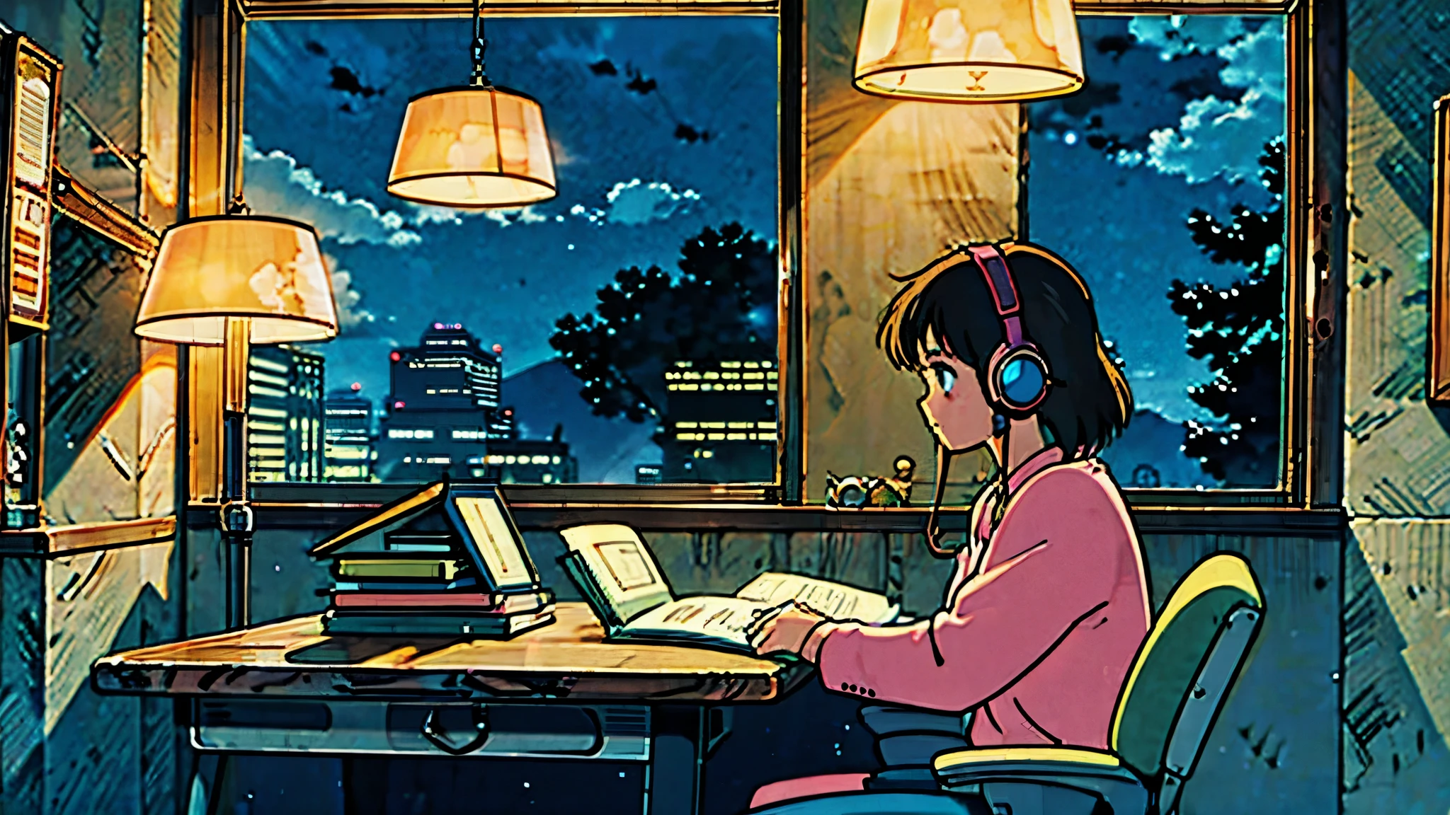 girl with headphones, studying, room, night neon lights