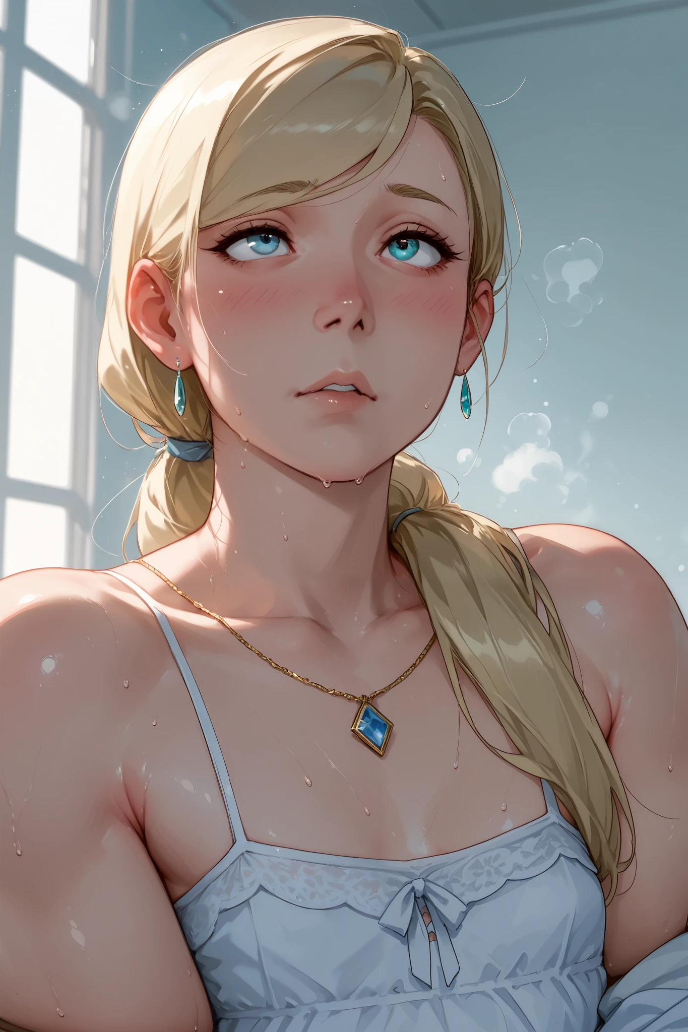 score_9, score_8_up, (candydoII boy with milfy slim body), flat puffy thicc man-chest:1.2, puffy flat chest, solo sugar femboy w/ mature body, (anime mature femboy with pale-blonde smooth-straight mid-long hair with swept bangs:1.2), loose low ponytail, (femboy golden bushy very thick eyelashes:1.2), masterpiece, best quality, (taken from dynamic masterful angles:1.2), anime moe artstyle, well-toned waifu, exude eroticism, (mature woman with lean perfection abdomen:1.5), sweet sweet mommy's expression, (ample littIe femboys natural smaII flat chest), Curvy body, (thick fleshy arms:1.5), oh my god that arms are so sexy!!, sweaty, from above, steaming body, Hd eyes, Half body photograph of a cute and attractive erotic femboy in a trendy cafe with many windows ::3 fantasy princessy form - fitting sleeveless bare-shoulder clothing that accentuates his perfect body ::2 Photograph captured using a Canon 6D Mark II with an 85mm lens at f/ 4 and ISO 100 ::3 Glamour shot, award - winning photograph, sharp focus, dynamic lighting ::1,