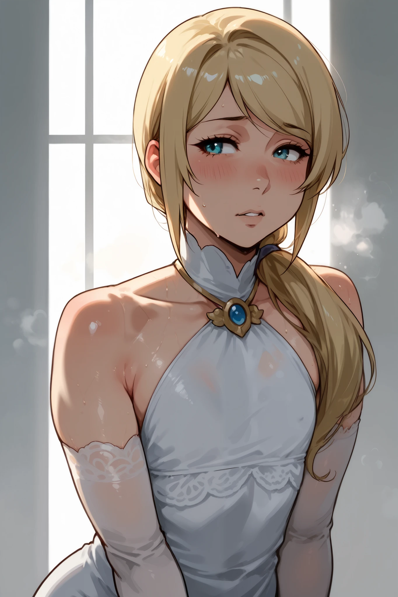 score_9, score_8_up, (candydoII boy with milfy slim body), flat puffy thicc man-chest:1.2, puffy flat chest, solo sugar femboy w/ mature body, (anime mature femboy with pale-blonde smooth-straight mid-long hair with swept bangs:1.2), loose low ponytail, (femboy golden bushy very thick eyelashes:1.2), masterpiece, best quality, (taken from dynamic masterful angles:1.2), anime moe artstyle, well-toned waifu, exude eroticism, (mature woman with lean perfection abdomen:1.5), sweet sweet mommy's expression, (ample littIe femboys natural smaII flat chest), Curvy body, (thick fleshy arms:1.5), oh my god that arms are so sexy!!, sweaty, from above, steaming body, Hd eyes, Half body photograph of a cute and attractive erotic femboy in a trendy cafe with many windows ::3 fantasy princessy form - fitting sleeveless bare-shoulder clothing that accentuates his perfect body ::2 Photograph captured using a Canon 6D Mark II with an 85mm lens at f/ 4 and ISO 100 ::3 Glamour shot, award - winning photograph, sharp focus, dynamic lighting ::1,