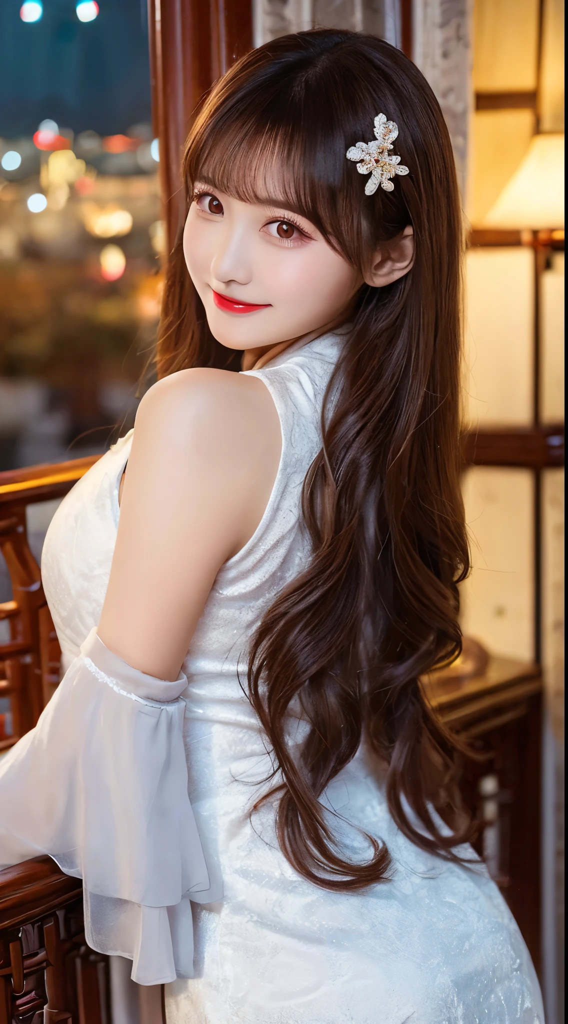 beautiful woman, Chestnut hair , beautiful eyes , Smile, Actual , Full HD, a very beautiful dress , Fluffy Dress , Curved Body,Magnificent views , gorgeous decoration ,Long gown,中国发髻