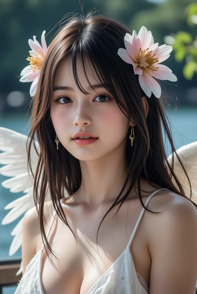 (A cute young Japanese Angel:1.75), (She has real Angel wings:1.5),(She descends from the sky onto a lake in the woods:1.0),(beautiful detailed eyes:2.0),beautiful detailed lips, (extremely detailed eyes and face:1.5), longeyelashes, slender woman body, beautiful short hair, natural makeup,big smile, incredibly beautiful skin, Open your arms,(professional lighting, bright lighting, photorealistic, 8k, high resolution, best quality, masterpiece, ultra-detailed:1.5), vivid colors, moonlit night