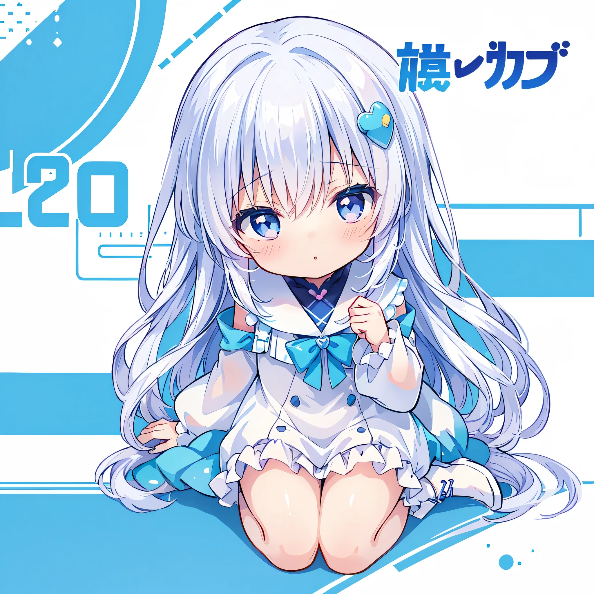 best detail、Highest quality、、cute、(white background),( little character :1.4) 3:3、Alone,full body、 milky white and blue gradation hair color、Anime Poster、
