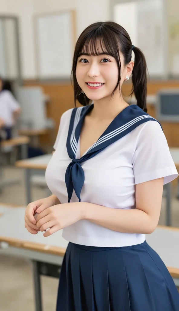 (8K, best quality, masterpiece:1.2), (realistic, photo-realistic:1.37), (high color saturation:1.0), (highly detailed skin), (highest quality:1.0), (ultra high resolution:1.0) ,(realistic:1.0), (Super detailed:1.0), (8K, Raw photo:1.1)、standing random pose, smiling, natural breast, perfect lighting, ((3girls students)), 18years old, (mysterious), clear and detailed, ((school_uniform, Japanese sailor uniform, flared skirt)), (classroom), cute face, (no panties), squat,