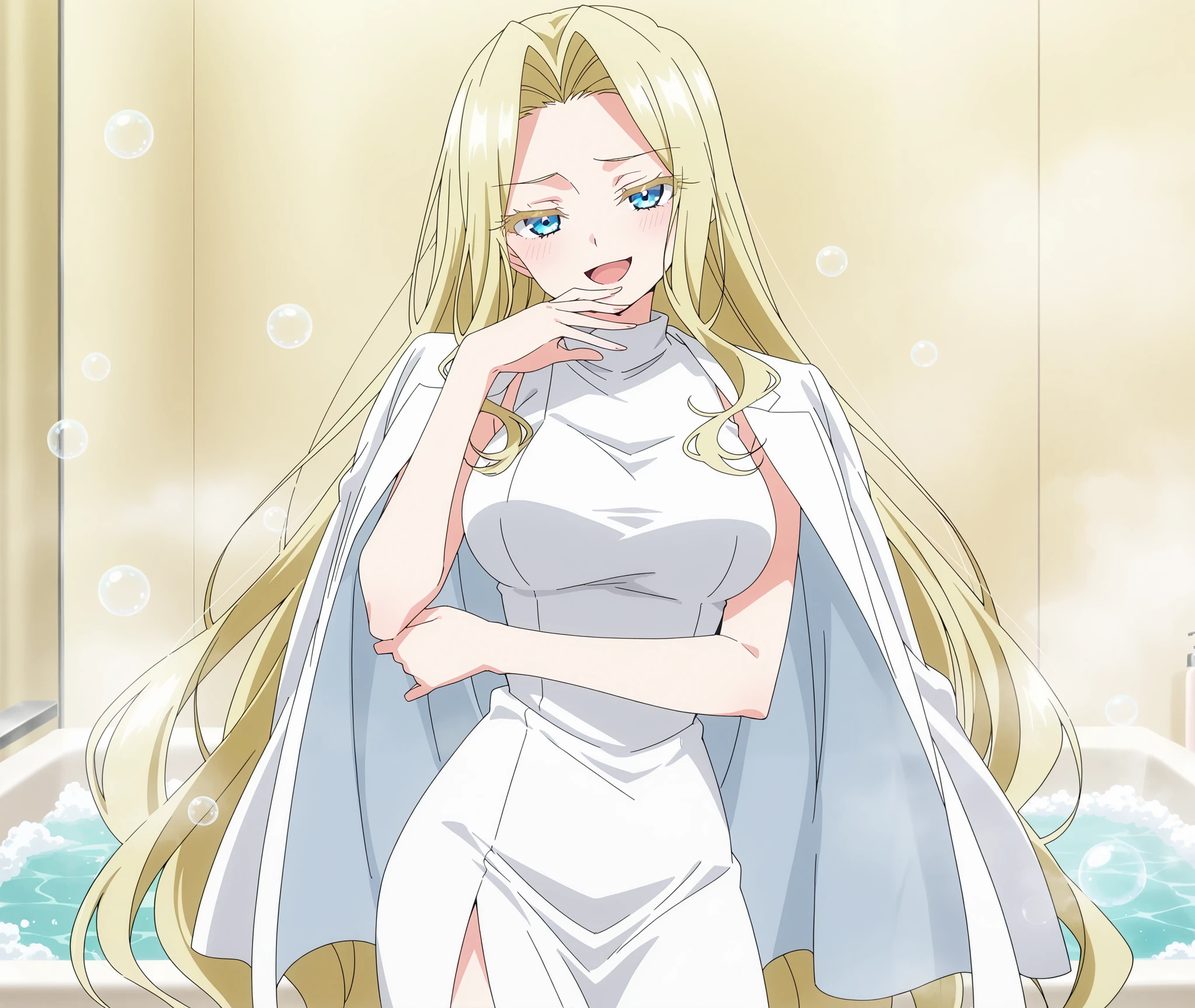 score_9, score_8_up, score_7_up, source_anime, mimimi utsukushisugi, long hair, bangs, blue eyes, blonde hair, very long hair, parted bangs, hair intakes, colored eyelashes, breasts, anime screencap, dress, jacket, sleeveless, white dress, sleeveless dress, white jacket, jacket on shoulders,, bathtub, water, bubbles, steam, towel, smile, ojou-sama pose, laughing, smug, hand to own mouth, open mouth,, looking at viewer, solo,, cowboy shot, solo