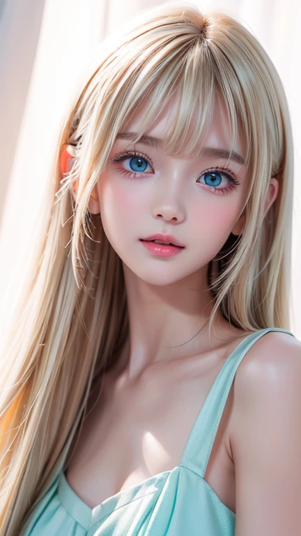 Incredibly bright, white, glossy, beautiful skin、Blonde hair color that changes with reflected light、Bangs between the eyes blocking the view、Glossy highlight on cheeks、sexy, very beautiful, lovely, cute, gorgeous face、The most beautiful face in the world、A beautiful girl、Super long blonde hair、smooth, straight hair、Big Breasts, Sparkling bright sky blue eyes、Beautiful bangs、Small Face Beauty、Round face、Very beautiful appearance