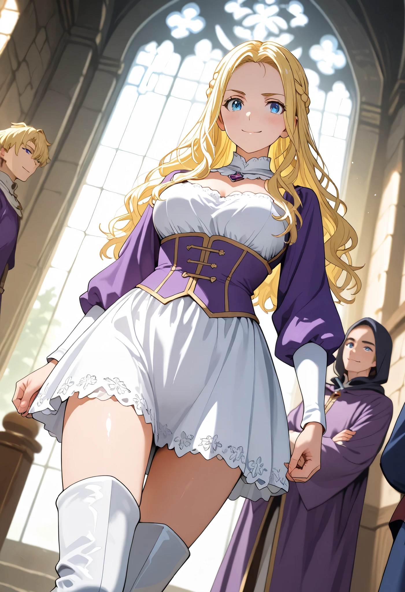 1 people, ONLY one person, ushio kofune, long hair, wavy hair, blond hair, braid, blue eyes, in a castle, medieval noble, medieval princess, white dress, white boots, thigh boots, whaite and purple outfit, fantasy magician outfit, dominant, confident, underbust with a humiliating face,smile, dutch angle, cowboy shot, perfect eyes, perfect body