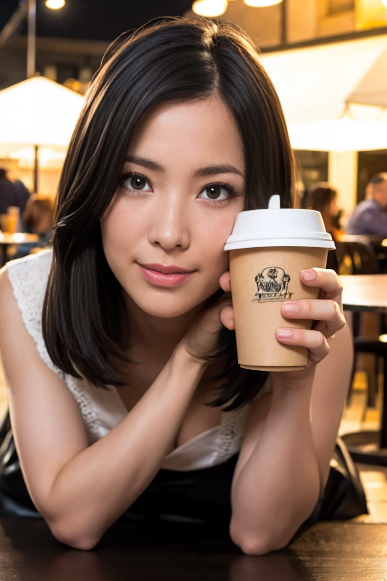 (realistic, photo-realistic:1.37),(8k, RAW photo, highest quality, masterpiece:1.2), cute, super detailed,heart-shaped pupil,Physically based rendering, ultra high resolution, kodak vision color, Photographed with Arricam LT camera, Bokeh, sharp focus,
looking at the viewer,photorealistic,realistic, alone, photorealistic, highest quality,highly detailed face,highly detailed eyes and face, detailed and beautiful eyes,disorganized, incredibly disorganized,忘れられないsmile,messy hair, floating hair, , Neat one piece、earrings、smile、business office、coffee