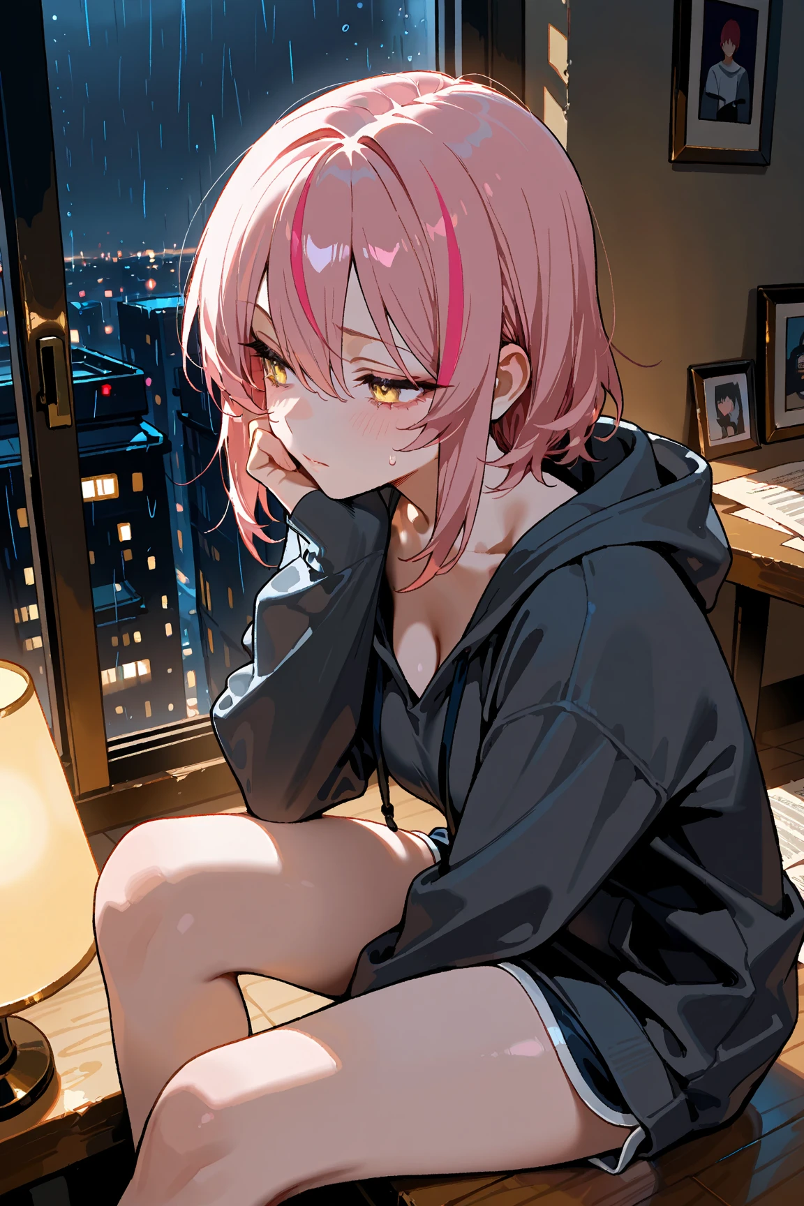 1 Girl, big 1.3 ,Colorful clothes, Navy Hair, Short Bob, Good top, Exposed Skin, Expressionless, Sit with your knees up, Pink Eyes, ((Navy Hair, Heart Eyes)), Internet cafe,16 years old, Colorful Hair, Messy Hair, tonalism, Romanticism, modern art, Impressionism, reflected light, 8K, masterpiece, Advanced Details, Highest quality, Accurate