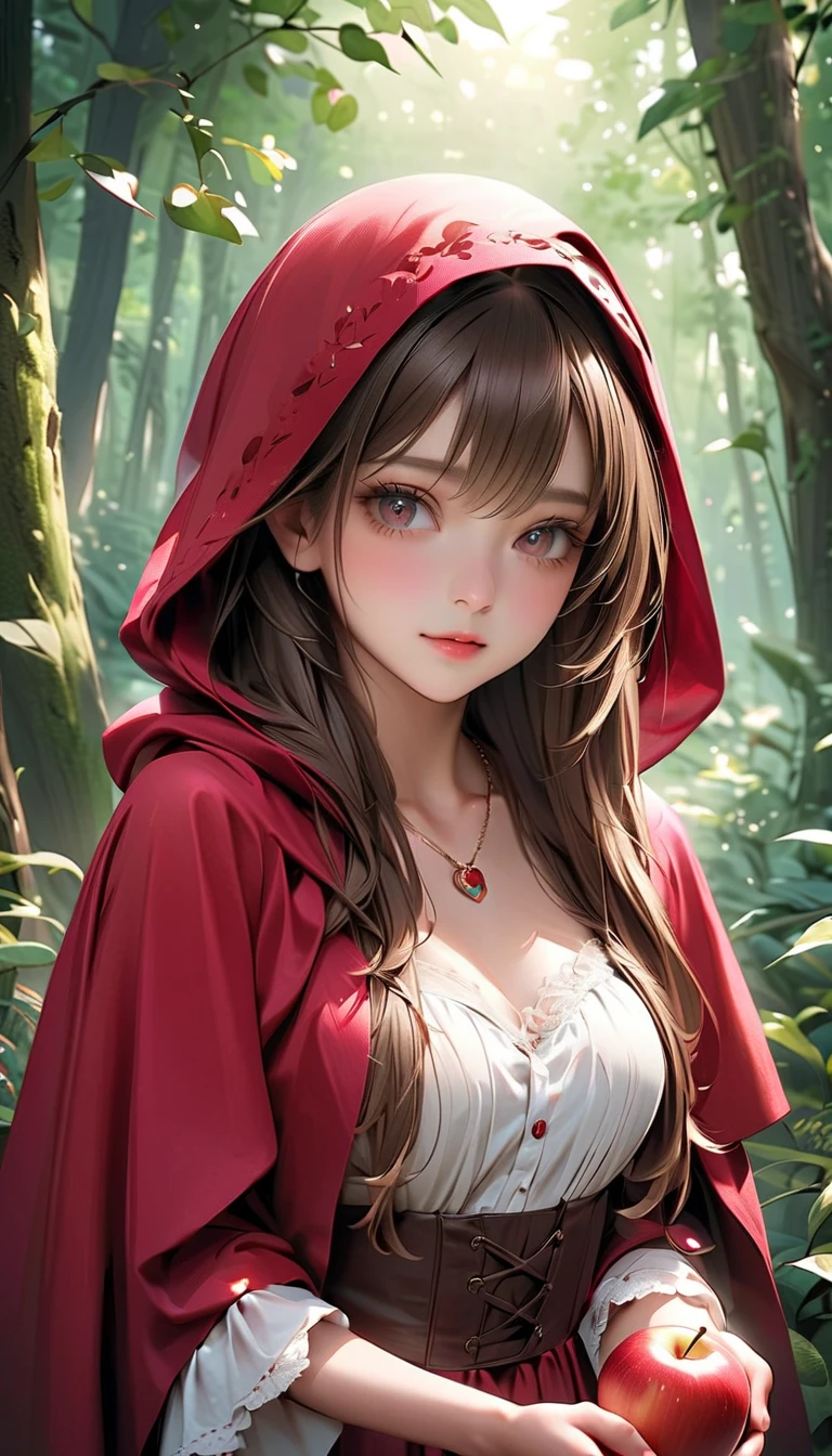 (UHD, retina, masterpiece, accurate, anatomically_correct, textured_skin, super_detail, high_details, high_quality, best_quality, high_res, 1080P, HD, 4K, 8k, 16k), (beautiful_detailed_eyes, beautiful_detailed_lips, extremely_detailed_eyes_and_face), (soft_lighting:1.5), physically-based_rendering, vivid_colors, (large_breasts:1.5), (shiny_hair, shiny_skin, tanned_skin, blush), (bangs:1.5), eye_reflection, (bokeh), (little_red_riding_hood:1.5),