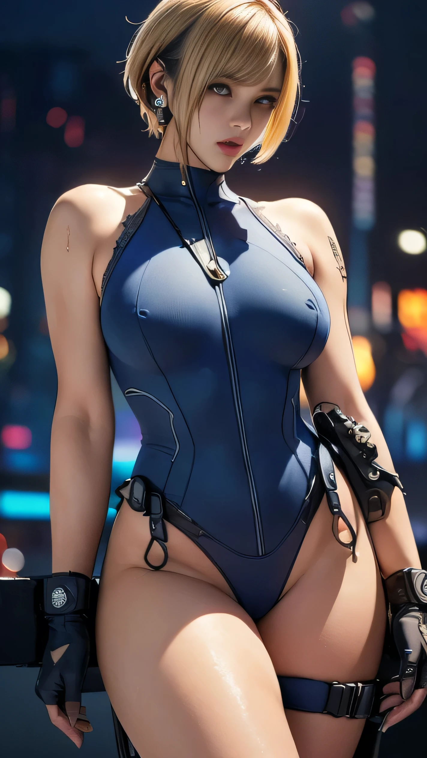 (A woman),(((A female member of the Future Force rides a motorcycle))),((Navy blue tactical high leg bodysuit:1.5)),((earphone:1.5)),((Tactical Holster:1.5)),(Gloves:1.5),(Serious:1.5),(Super short hair:1.5),(bionde:1.5),(beautiful eyes:1.3),(Very detailedな顔:1.5),((Very detailed drawing of a female hand:1.5)),((muscular:1.5)),(Sexy appearance:1.5),((Thick thighs:1.5)),(Beautiful Body:1.5),((Very sensual:1.5)),(Background is hanger:1.5),(Cyberpunk atmosphere:1.5),(((Blurred Background:1.5))),(Written border depth:1.5),rest(((masterpiece:1.5),(best quality:1.5),(Very detailed:1.5),(high resolution:1.5),(Practical:1.5),(Practical:1.5),(Delicate depiction),(Carefully drawn))),8k,wallpaper