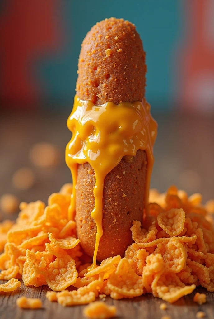Corn dog bathed in cheese and doritos 
