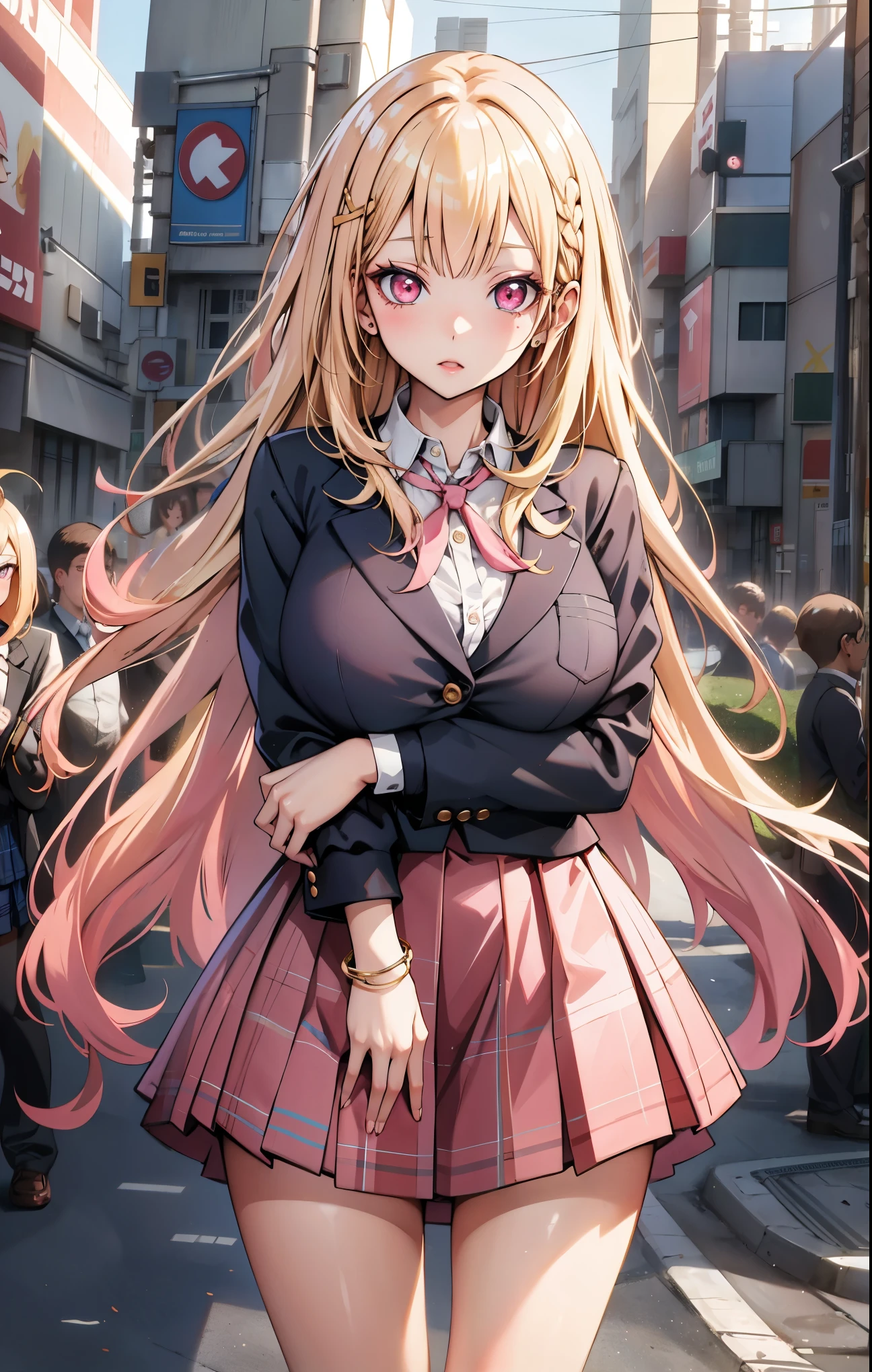  ultra high definition, Colorful, perfect image,   high quality , 1 Woman ,  Beautiful woman  , Cute Women ,  stand upright,  looking straight , ((( Golden hair, pink ends  , Straight hair))),   blue eye ,  sexy doll, big breasts ,is anatomically correct,  White skin , Red mouth , outdoor , daytime, Big eyes ,  school uniform  ,  Plaid School Skirt , White shirt with chest closure , Thigh , Blazer