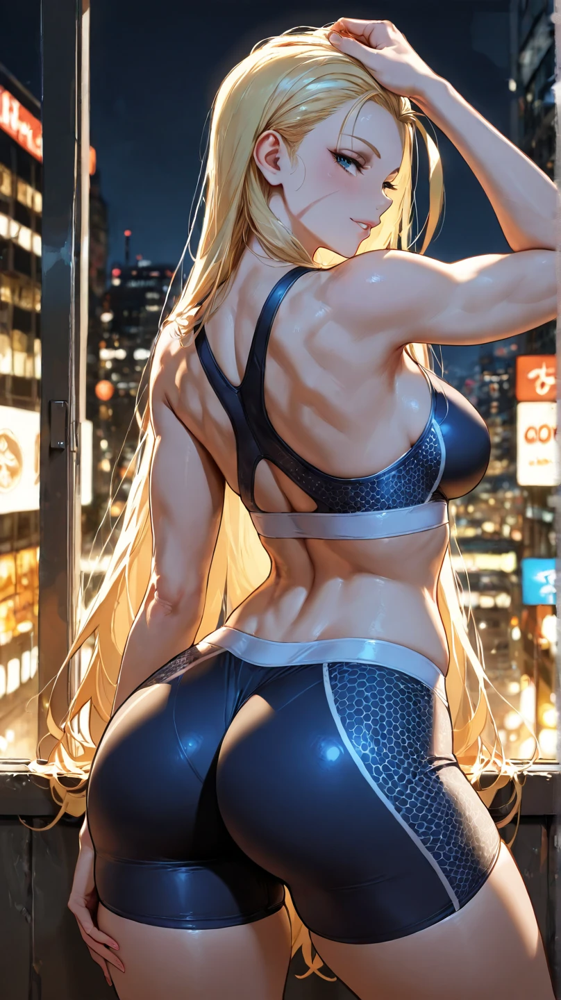 Super detailed、highest quality、Best image quality、masterpiece、8K、Anime Face、A kind smile、Open Mouth、Sparkling Blue Eyes、(Long blonde curly hair:1.4)、Wearing a maid headband、(SFW huge body)、(((Rear view)))、Cowboy Shot、(Wearing a white thong:1.5)、(Muscles of the whole body:1.3)、Hands on hips、Stick your ass out、(Grabbing own Ass:1.5)