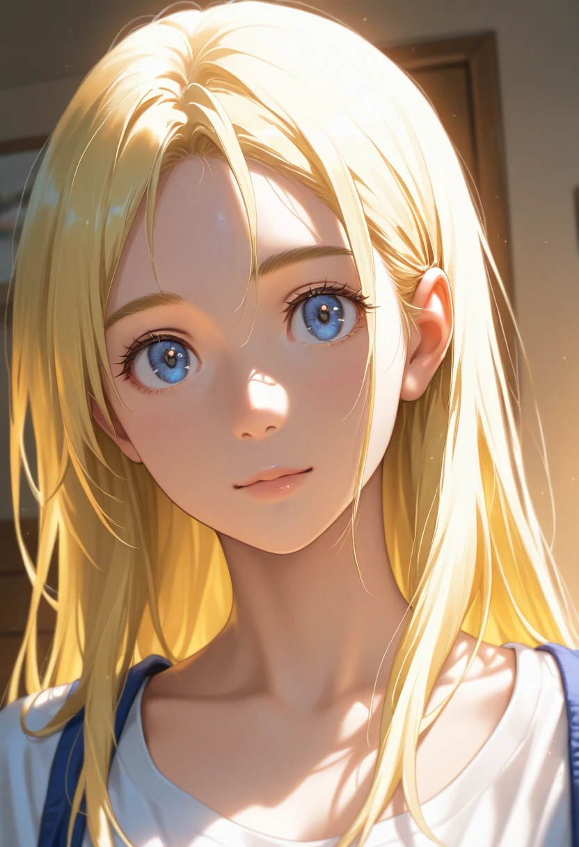 long blonde girl, blue eyes, calm face, medium breast, white short dress, blue sky background, natural light, facing camera, masterpiece, high res, beautiful face,