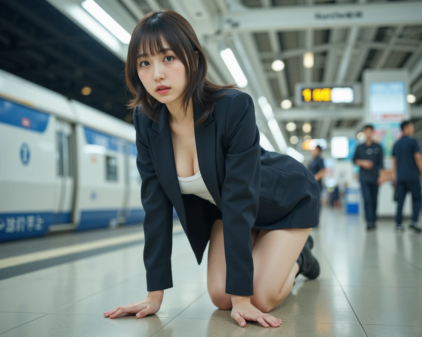 ​masterpiece、８K、Two girls、14years、NSFW、slim figure、Smaller chest、being thin、Lack of pubic hair、Exposing your naked body、fullnude、In the street、Large crowds、FULL BODYSHOT、Surrounded by several policemen、arrested、police、shoes、GANTZ Suit、Handgun、Leg holster、Idol、a beauty girl、Miss Con Winner、Winning Run