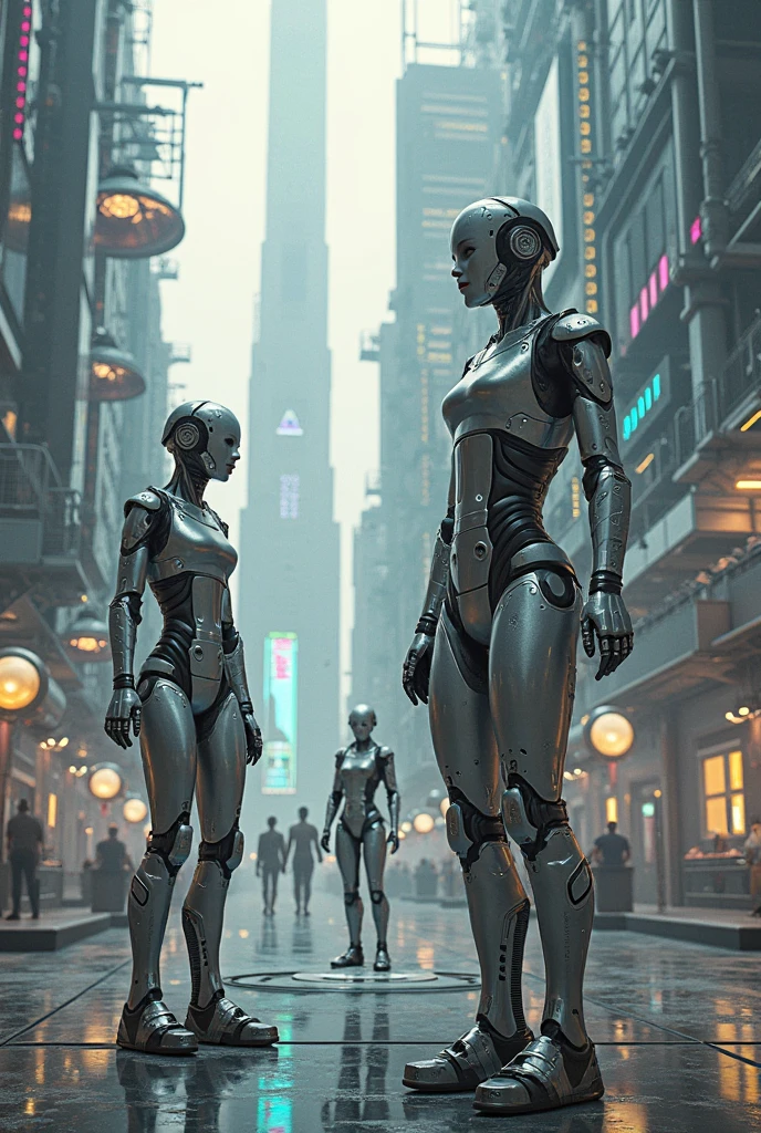 they are two robots walking down the street with guns, detailed cinematic photography, steampunk digital art, bigstudiovfx, still image from tv series, anthropomorphic female, featured on vimeo, yasuke 5 0 0 px models, by Robert Koehler, interconnected human lifeforms, shot on anamorphic lenses