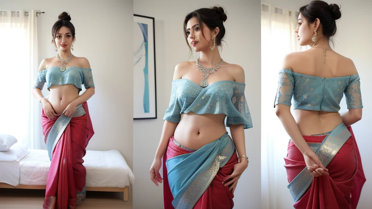 A woman wearing a sari taking a photo, Indian goddess, Traditional beauty, Indian, Beautiful Goddess, Brilliant , Indian style, Indian super model, Beautiful maiden, Gorgeous Woman, Southeast Asia&#39;s long, provocative Indian, Gorgeous beautiful woman,  Hindu aesthetics, Beautiful Asian Girl, Highly detailed goddess shot, Incredible beauty, Big deep cleavage sexy navel,Full nudity、Nude Model、Painting、Beautiful nipples、Glamour、１７Beautiful girl of the year