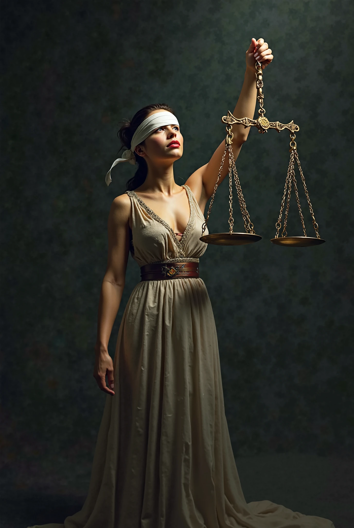 A law-themed painting with a Renaissance style including blind justice carrying a scale com uma paisagem ao fundo

