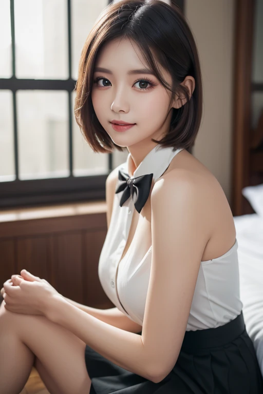 (8K, RAW photo, Best quality, Masterpiece:1.2), (Realistic, photo-realistic:1.37), Ultra-detailed,
1 girl,Cute, Solo,Beautiful detailed sky,Detailed Cafe,Night,Sitting,dated,(nose blush),(Smile:1.1),(Closed mouth),Large breasts, Seductive smile, Large apartment, Professional lighting, Sony A7R4, Zessie 50mm F1.8,,Cross your arms behind your head:1.5,Moles under eyes:1.2
Medium breasts,Beautiful detailed eyes,(White sexy dress:1.1), neck bowtie,Pleated skirt,(Short hair:1.2),Floating hair
