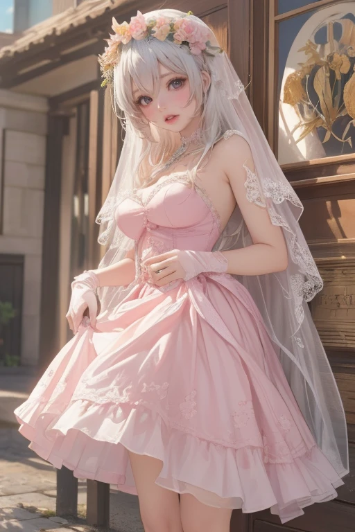 ((Best Quality)), ((Masterpiece)), (Very detailed: 1.3), 3D, NeonNoir, solo, rose, (weird pendant on chest: 1.2), (wearing a rose decorative dress: 1.2), (holding a teddy bear: 1.2), dressed gorgeously, (wearing a crown: 1.2), (wearing a veil: 1.2), candles flashing with an eerie light, (white emanating: 1.1), contemptuous eyes, in a ruined castle, against the window, Sony master shot, Gray-pink hair, full body, long legs