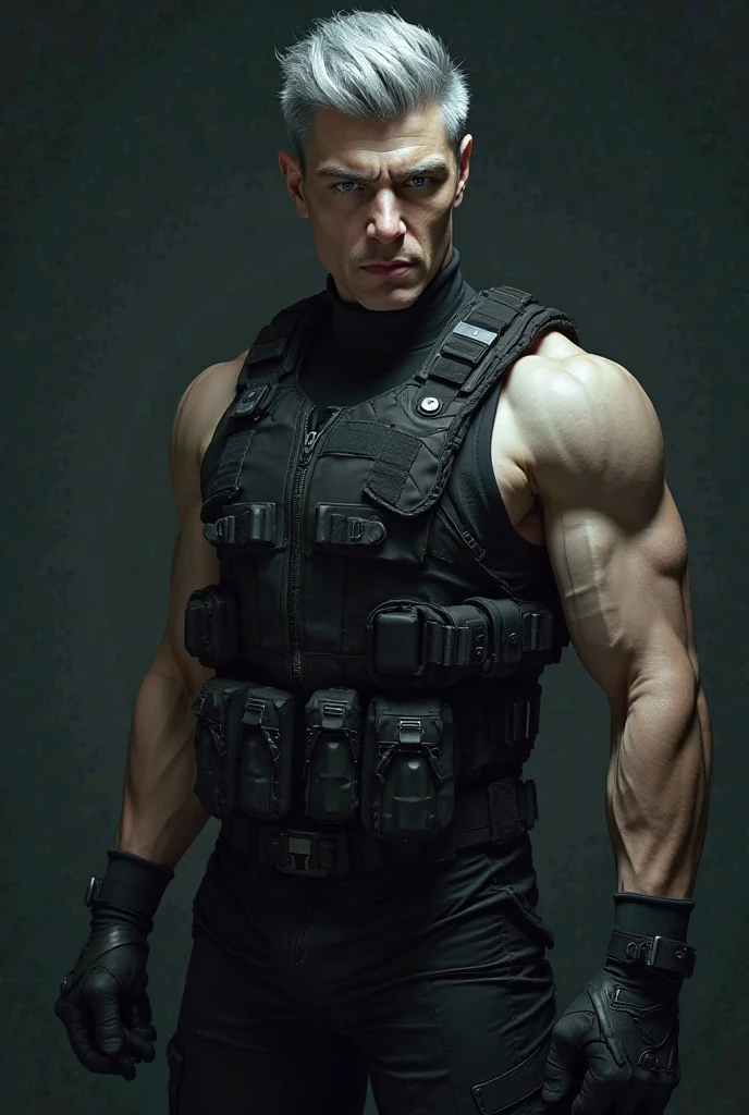 1 man, solo, 3, Chris Redfield, wearing a grey T-shirt, smirks, stubbles, looking at the camera, black color on the shoulder and a bsaa logo on the shoulder, military tactical suit, equipment, tall and hunk, biceps, abs, chest, best quality, masterpiece, high resolution:1.2, upper body shot, dark black gloomy hallway with not background