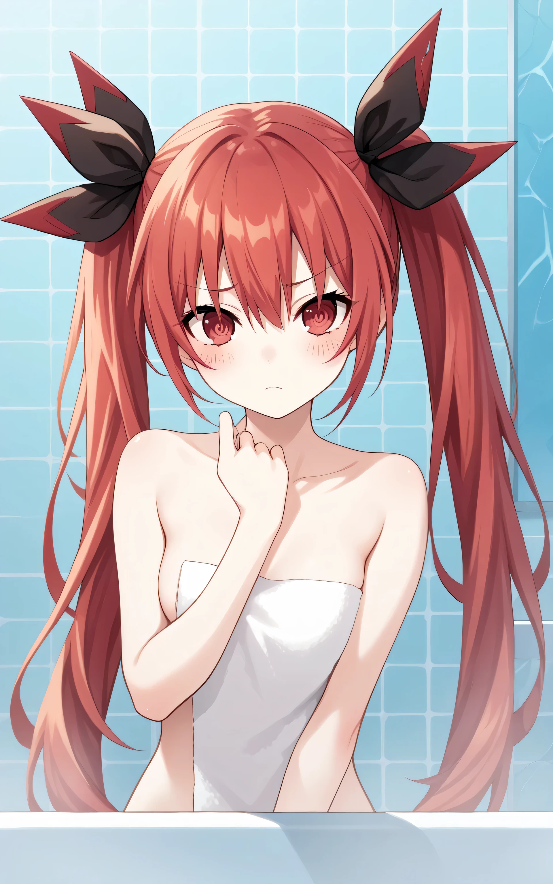 upper body, Itsuka kotori, anime style, Random Sexy pose , ((Ultra detailing)), (very aesthetic, best quality, ultra detailed), intricate details,
1girl, Long hair, red hair, twintail, red eyes, sharp jawline, shy, Blush, medium breast ,(Wearing Body towel,ribbon), bath room, lay down on bathub, windows, night