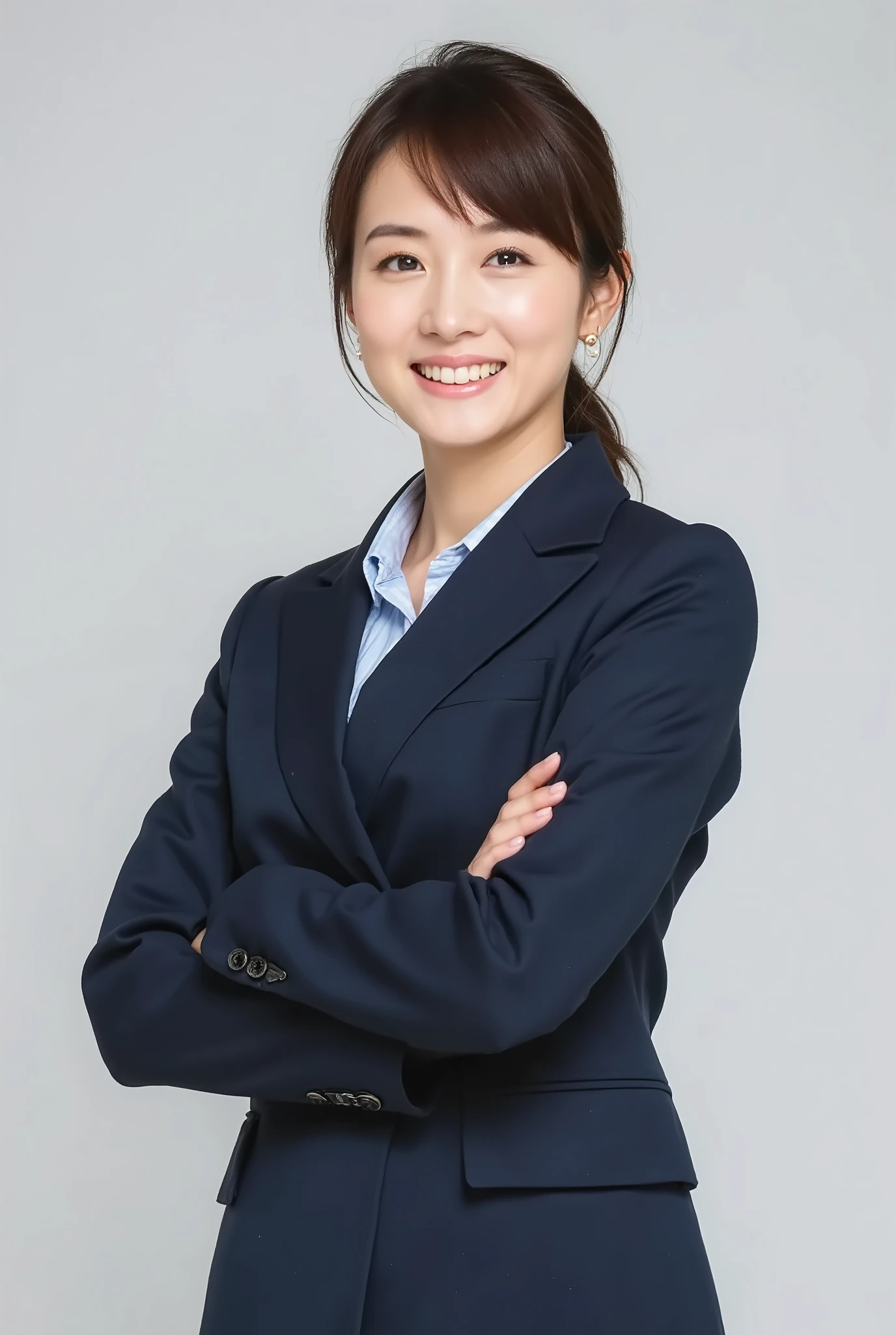 Create a stunning portrait of a very beautiful Japanese actress. She is wearing a business suit and has a slim figure with a small bust. The setting is a professional photography studio, where she stands confidently. The lighting is cinematic, enhancing her features and creating a bright, clean look, as if shot with a white reflector. Her medium-length hair is styled neatly, adding to her refined appearance. The overall image should be luminous and visually striking, capturing the essence of a high-quality, film-like photograph.