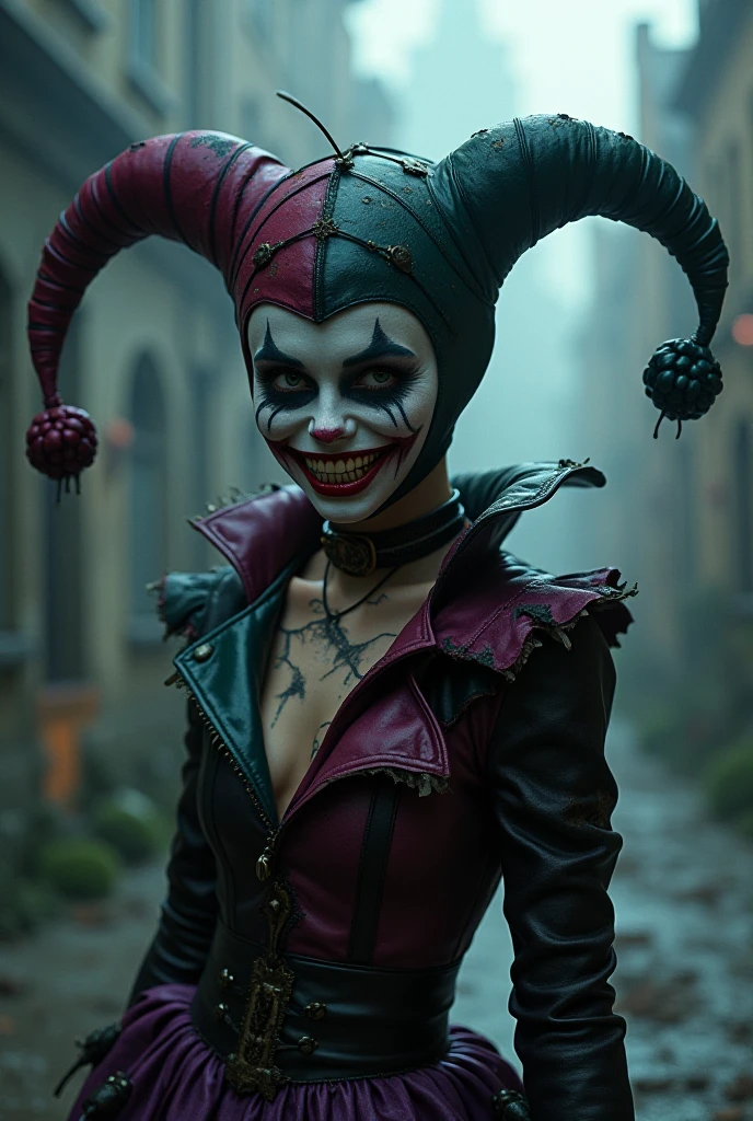 cinematic film still of cinematic film still of  <lora:Hyperrealism style:1> sharp detailed,
a woman dressed as a joker with green hair,1girl,solo,looking at viewer,smile,short hair,open mouth,gloves,green eyes,upper body,green hair,teeth,fingerless gloves,cape,armor,blurry,fingernails,makeup,fangs,pale skin,black nails,vampire,horror (theme) , realistic, real, photo real, cinematic, dramatic, film look, dramatic light, unreal engine, 3D computer graphics, hdr, Hyperrealism Style, vampire, vampire teeth, gothic, zombie, shallow depth of field, vignette, highly detailed, high budget, bokeh, cinemascope, moody, epic, gorgeous, film grain, grainy