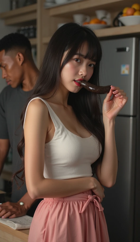 beautiful, Mother-in-law, Japanese, Sensual, spaghetti midi dress, In the kitchen, Seductive look、(((((((nsfw)))))