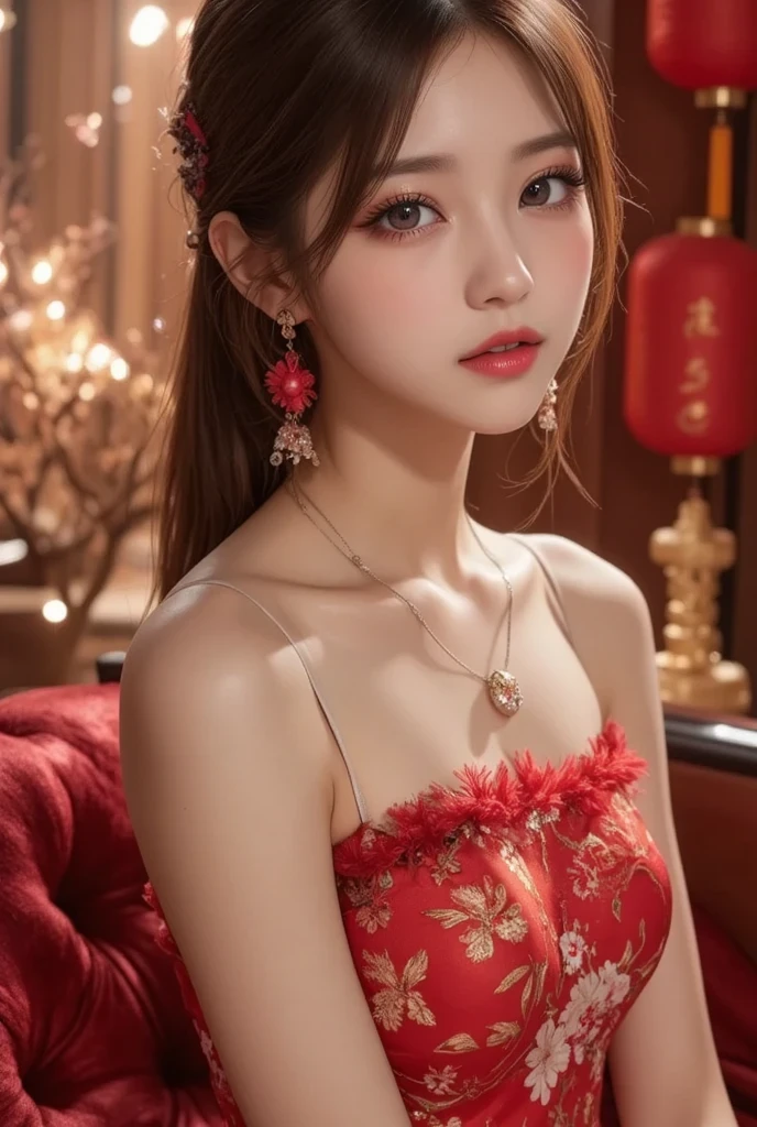 Cat ears、 face up、((( Lying in Bed))) attractive, pretty girl, ponytail、 (( fine facial features , )), dramatic lighting , realistic , 8k, Dramatic Shadows , intricate and elaborate patterns , super detailed photo , chiaroscuro lighting , Pleasant colors , deep contrast , super real 、 pink lipstick、luxury earrings, luxury necklace, luxury hairpin, warm room、Vintage Fireplace 、 cinematic composition、Close-up of face, A beautiful Korean idol wearing a short random colour cheongsam with golden or silver intricate floral embroidery, standing gracefully in a room filled with traditional Chinese New Year decorations. The room features vibrant red lanterns, decorative calligraphy scrolls, a small Chinese orange tree with golden ornaments, and several red envelopes scattered across the floor and hanging from the tree. Adorable, playful cats are part of the scene—some sitting near the tree, others curiously pawing at the red envelopes or lounging around. Through a window or an open door in the background, vibrant Chinese fireworks light up the night sky in an array of reds, golds, and blues, casting a magical glow into the room. The idol’s outfit is paired with subtle accessories like red hairpins or earrings, complementing the festive look. The atmosphere is warm and lively, filled with the joyful essence of the celebration, enhanced by the shimmering lights of the fireworks and the lively decor.