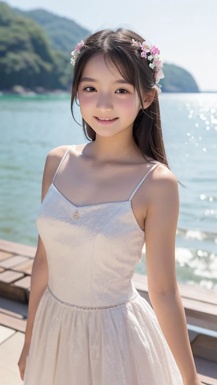 Browsing Caution、(((High resolution))、8K、(In detail))、(Highest quality)、Beautiful girls、beautiful girl、笑顔の可愛いbeautiful girl、とても魅力的なbeautiful girl、(The bikini is a halter neck with a string)、Night Sky、Cobalt Blue Sea、White sand beach,(((Your smile is cute,)))、((20歳のbeautiful girl:1.5))、Super cute ta idol、Frolicking expression、(Black long hair)、(((Beautiful girl in a white dress, Transparent muscles)))、(Slender body and beautiful breasts)、(Well-formed and elegant face)、(Thighs)、Half naked、Browsing Caution 、Big Breasts