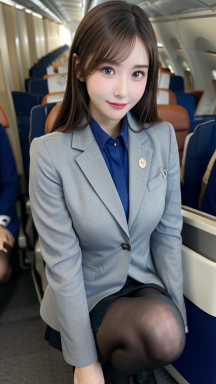 (8K, best quality, masterpiece:1.2), (realistic, photo-realistic:1.37), (high color saturation:1.0), (highly detailed skin), (highest quality:1.0), (ultra high resolution:1.0) ,(realistic:1.0), (Super detailed:1.0), (8K, Raw photo:1.1)、standing random pose, smiling, natural breast, perfect lighting, 3girls, 24years old, (mysterious), clear and detailed, ((ANA_Cabin Crew, blue flight attendant_uniform)), beige pantyhose, (aircraft, aircraft seats), cute face, squat , (pick up handkerchief),