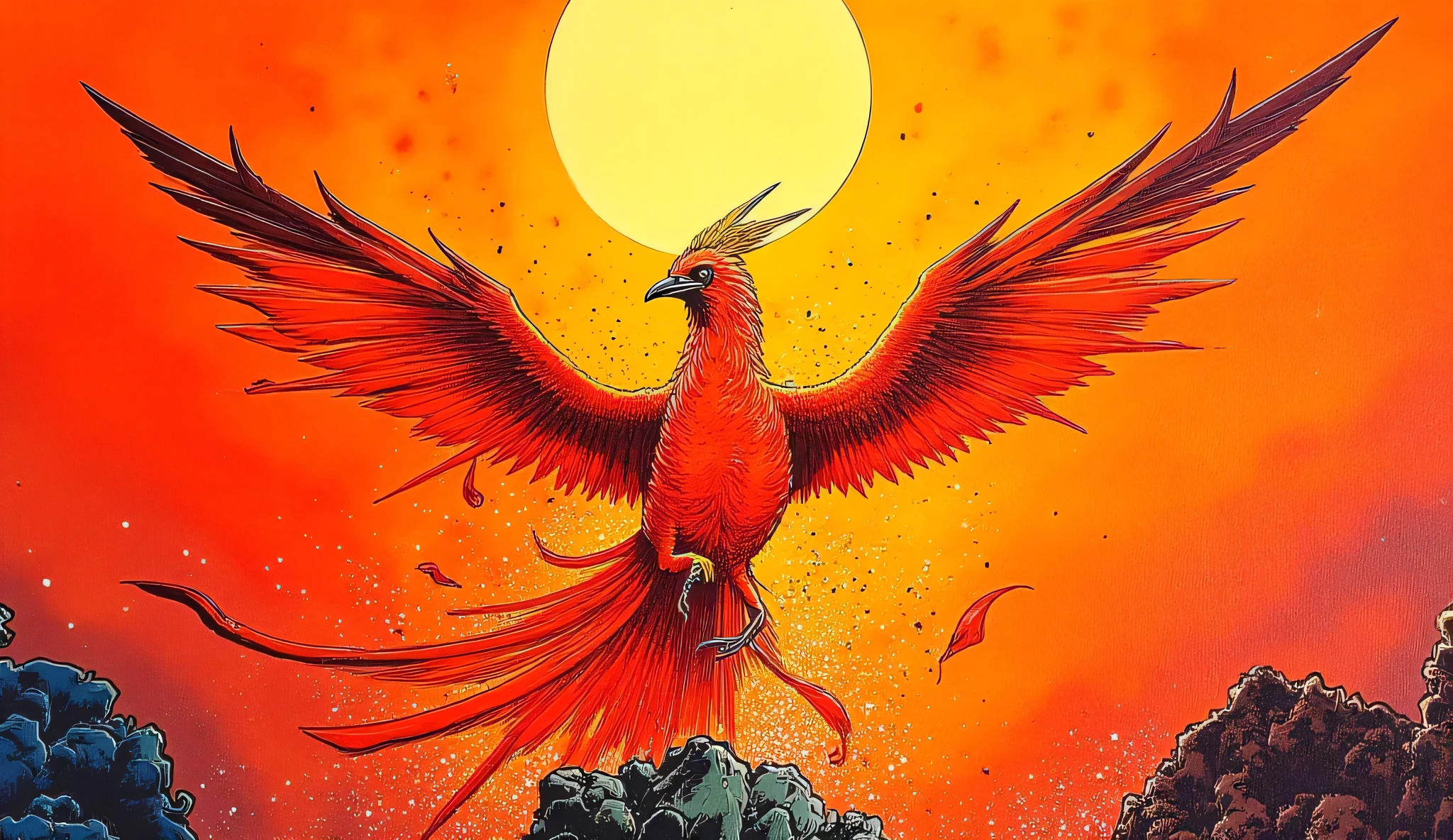 The painting includes a phoenix spreading its wings, strong, strong color, propaganda painting, sharp, cartoon painting, the main color is hot color, raw