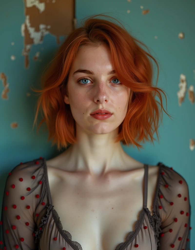 (ultra quality, 4k, 8k, high resolution, masterpiece: 1.2), ultra detailed, (realistic, photorealistic, photorealistic: 1.37) (((Highly detailed face)))), ((Highly detailed eyes and face.))), a young and beautiful woman, Close-up portrait of a young woman with vibrant red bobbed hair and a soft, serene expression. European-descent, likely in her late s or early twenties. Pale skin, with freckles scattered across her cheeks and nose. She wears a sheer, taupe-colored bralette with a delicate lace trim and a small bow at the center. Over the bralette, a flowing, dark-gray blouse with red-and-burgundy polka dots is draped. The blouse is relaxed, slightly open, creating a soft, flowing silhouette around her shoulders and arms. Her eyes are gently closed, and her mouth is soft and relaxed. The soft lighting emphasizes her delicate facial features. The background is a teal-blue painted wall with an uneven texture, exhibiting faded and chipped paint and streaked patterns. The focus is on her face and upper body. The color palette leans towards warm tones, showcasing a serene and beautiful atmosphere. The mood is contemplative and peaceful. The composition is centered, with a slight three-quarter angle, creating a compelling and intimate artistic impression. Natural lighting creates a soft glow, and the perspective is close-up, drawing attention to her beauty and ethereal charm. The image style suggests a soft-focus and warm-toned portrait. The image has a classic and timeless quality, Sony Insignia a1 II camera, award-winning photography, hyper-realistic skin texture, ultra-sharp details, master photography, emotional metaphor, professional lighting, intimate atmosphere, professional color grading, volumetric lighting, dramatic composition emphasizing isolation and strength, Annie Leibovi style photography, style ilya kuvshinov, (soft light, studio light, intricate details), majestic, aesthetic