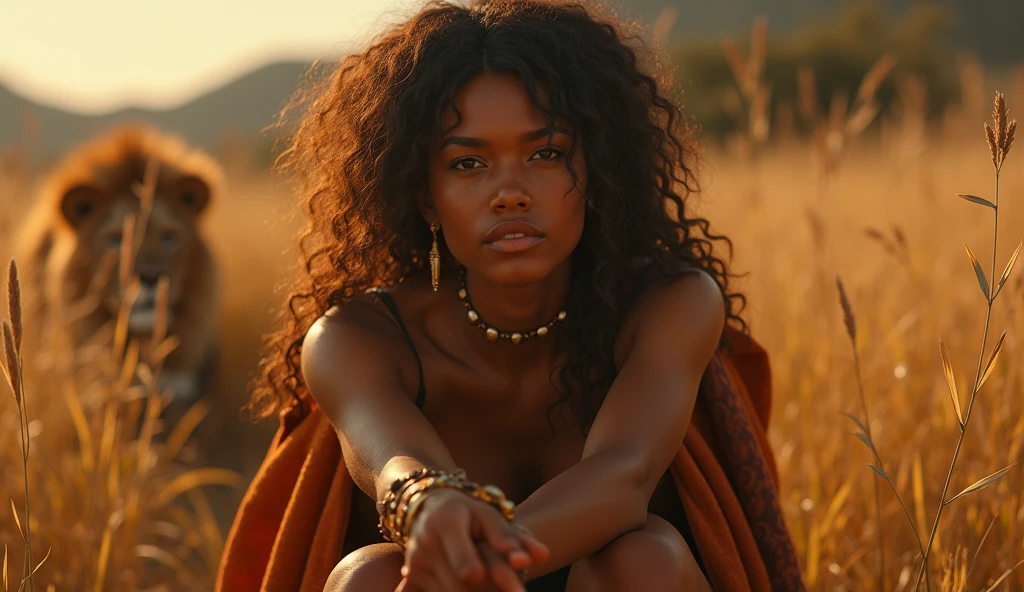 Massai Mara, black african woman, handsome, fit boy, detailed expressive eyes, detailed lips, extremely detailed faces, curly hair, traditional garments, vibrant colors, natural lighting, breathtaking landscapes, wildlife encounters, mesmerizing sunset, vivid sunset colors, dramatic clouds, joyous atmosphere, playful interaction, dynamic poses, dramatic composition, stunning horizon, warm golden tones, high-resolution (4k,8k) images, realistic texture, professional-grade photos, fine art painting, concept artists, cinematic quality, vibrant and energetic, ethereal and dreamlike, visually striking, ultra-detailed illustration, photorealistic portrayal.