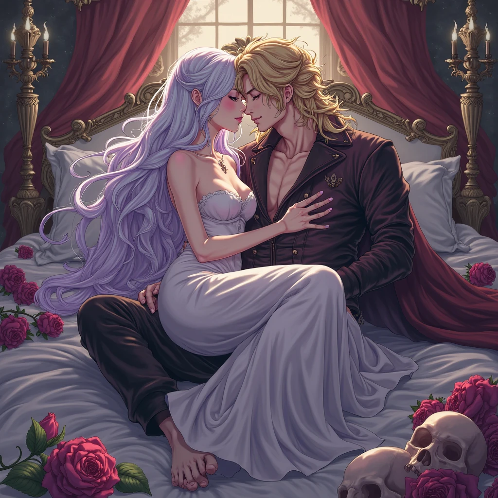 Couple sleeping together in bed. Girl with very long white hair with purple. Blond pirate boy with very long hair. Sensual anime.  elegant room . Roses and Skulls.