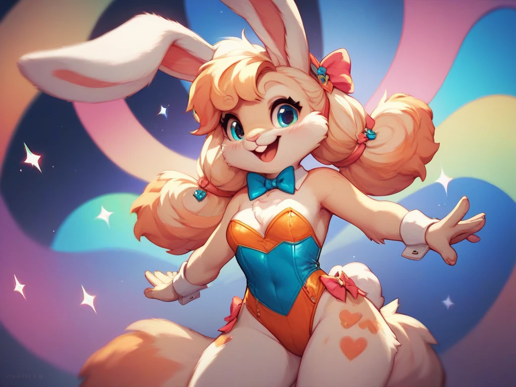 top quality, best quality, highres, masterpiece, absurdres, Perfect Anatomy(furry, angelic cute 1girl)(furry anthro, rabbit Facial Features, rabbit Body Features)(rabbit ears, Highly Detailed Body Fur)audition floor, dancing, flowing colorful ribbon, jumping, joyful smile, absurdres, volumetric lighting, good lighting, cinematic shadow,