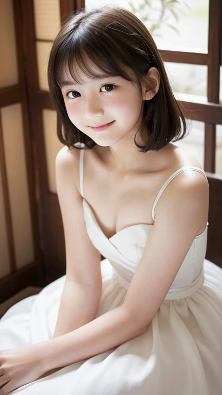 8K、Highest quality、（beautiful）、Precision Eyes、Brown Hair、looking at the camera、Soft Breasts、smile、Shooting from below、Cute frilly mini dress、Standing posture、Twisting the dress
