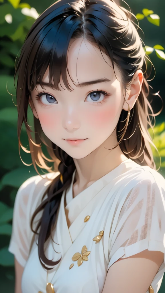 highest quality、Realistic、girl、Japanese、zoom、cute、Gray Eyes、Chestnut Hair、ponytail、Blue kimono、Japanese clothing、Face close-up、thin、Small breasts、freckles