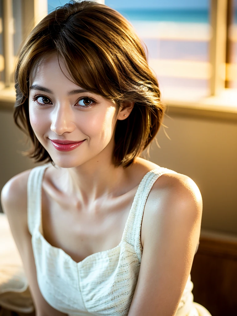 (8K, highest quality, masterpiece:1.2), (realistic, realistic:1.3), Super detailed, ((1 girl)), cute, alone, (smile), (closed mouth), big, beautiful and fine eyes, (short hair: 1.2), bob hair, (Upper body), front, very delicate and beautiful, wonderful, small details, masterpiece, Super detailed, High resolution, best shadows, blue tops, see who&#39;s watching