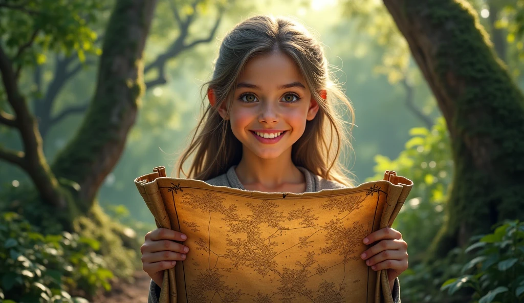 Imagem: Bianca, uma garotinha com olhos curiosos e um sorriso brilhante, holding a magical map found on a flower in a colorful garden.