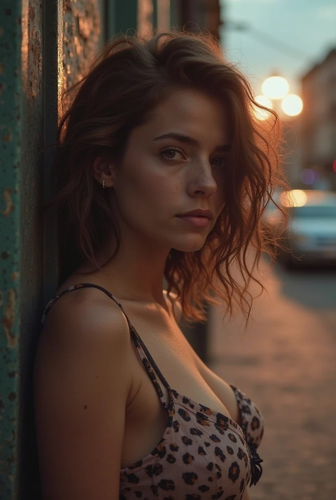 8k, Hi-res, HQ, masterpiece, photorealistic, A low angle portrait of a girl (posing at a outdoor caf and lean on the brickwall with hands up, front to forward), (wearing nothing:1.3), surrounded by a cozy atmosphere), (over exposed breast, it's huge and soft:1.2), alluring gaze, beautiful face, mesmerizing eyes, luscious lips, (messy hair with (red color hair:1.2)), erotic pose, ((bunny likeness:1.3)), sensual atmosphere, soft skin, perfectly huge sagging breasts with soft skin, exquisite details, captivating beauty, lustly looks, curvaceous silhouette, slender posture, skinny body, collarbone, perfect hand, playful imagination, intimate moment, photon mapping, natural lighting, cool color, aesthetic, unique, dramatic, atractive, (facing forward:1.3)