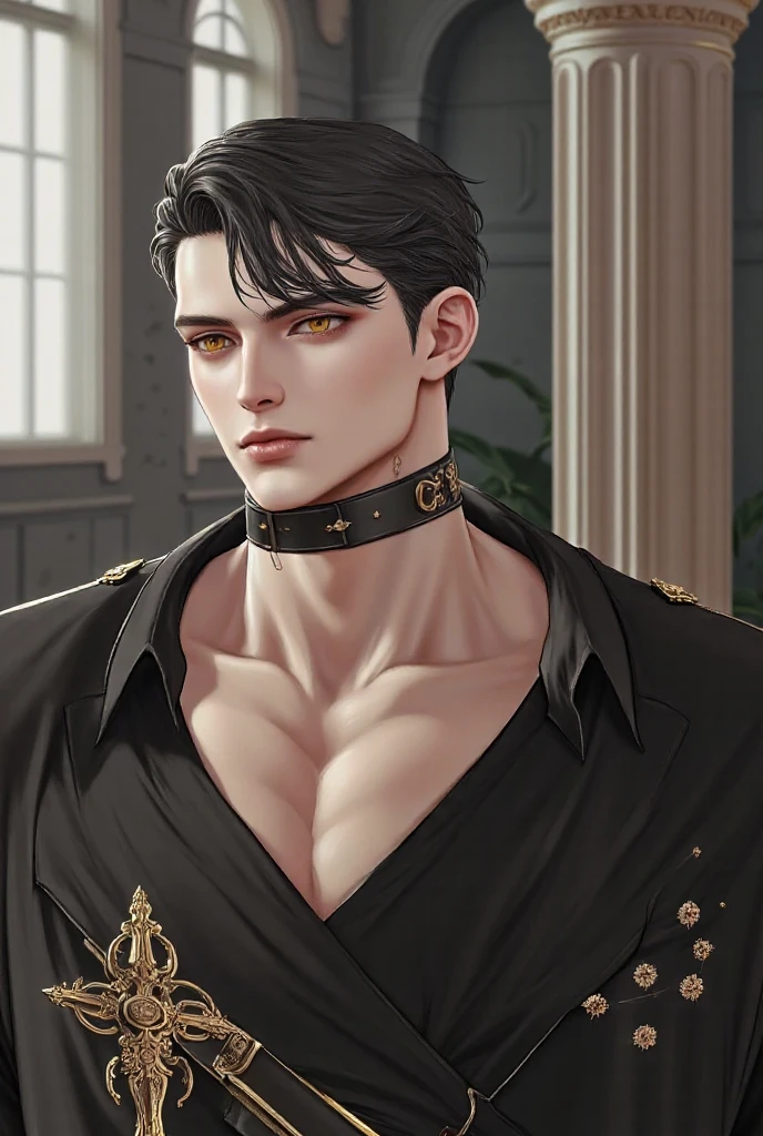 masterpiece, muito detalhado,most absurd, Feines Detail, HDR,
nice FH_tao, alone, Viewers look at, smile, chemise, black hair, 1 boy, hair between the eyes, jewellery, jacket, yellow eyes, upper Body, male focus, ear rings, 项链, ear piercing ,male FH_face, fit FH_Body, showing sixpack