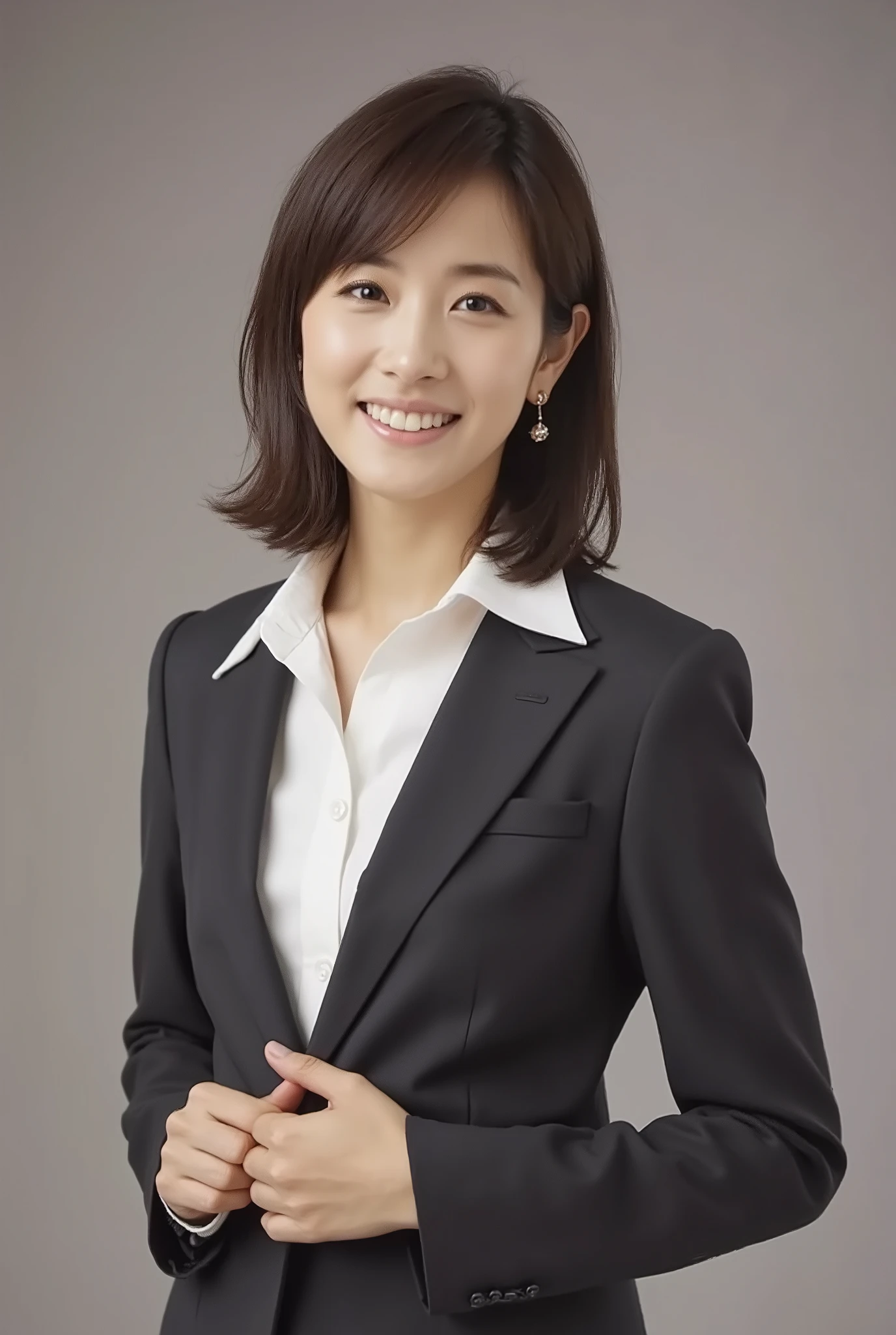 Create a stunning portrait of a very beautiful Japanese actress. She is wearing a business suit and has a slim figure with a small bust. The setting is a professional photography studio, where she stands confidently. The lighting is cinematic, enhancing her features and creating a bright, clean look, as if shot with a white reflector. Her medium-length hair is styled neatly, adding to her refined appearance. The overall image should be luminous and visually striking, capturing the essence of a high-quality, film-like photograph.