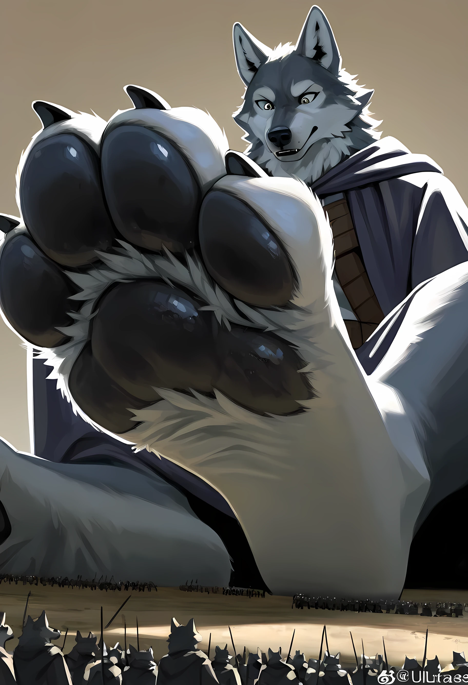 (macro size: 1.2), (below view of a closeup wolf foot: 1.2), (ultra closeup of a wolf boys foot only: 1.3), (furry wolf boy: 1.1), robes, simple background, (ultra closeup of wolf feet: 1.2), (foreshortening: 1.2), (closeup wolf foot: 1.2), army, sitting