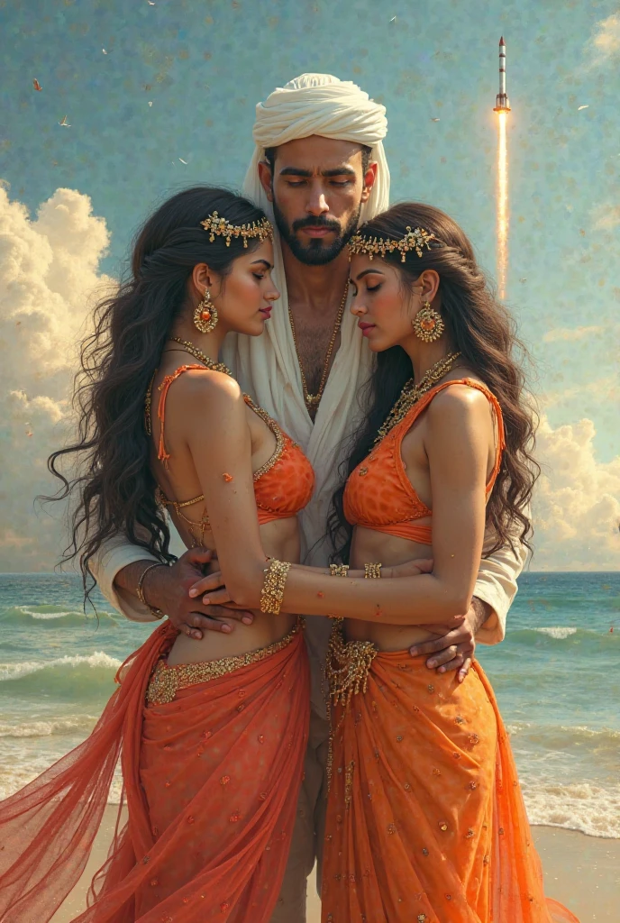 Indian sexy women, wearing red saree, curvy hourglass body, on the beach posing with old muscular Hindu pandit 